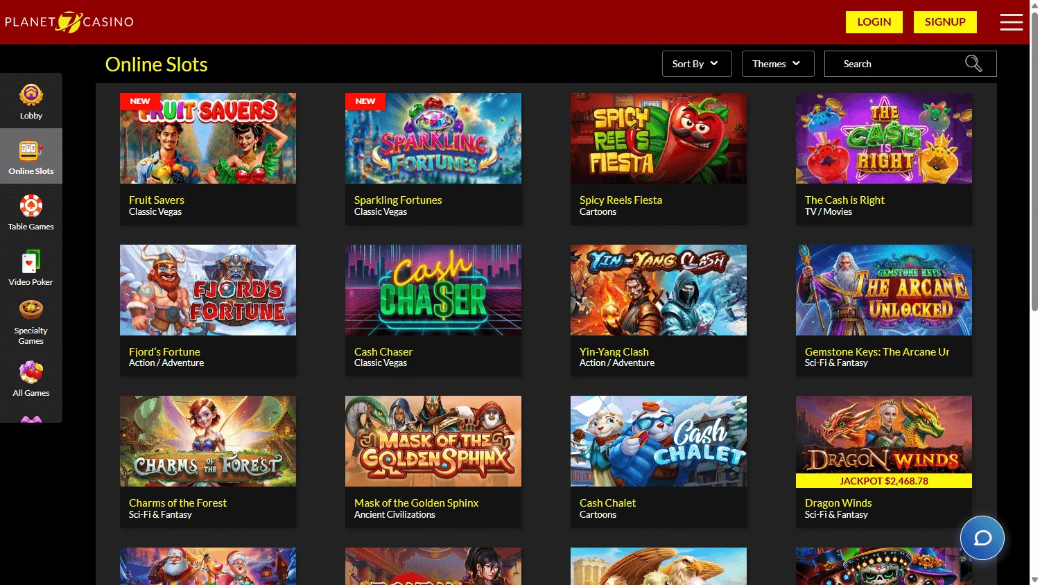 Planet 7 Casino desktop games area with casino game choices