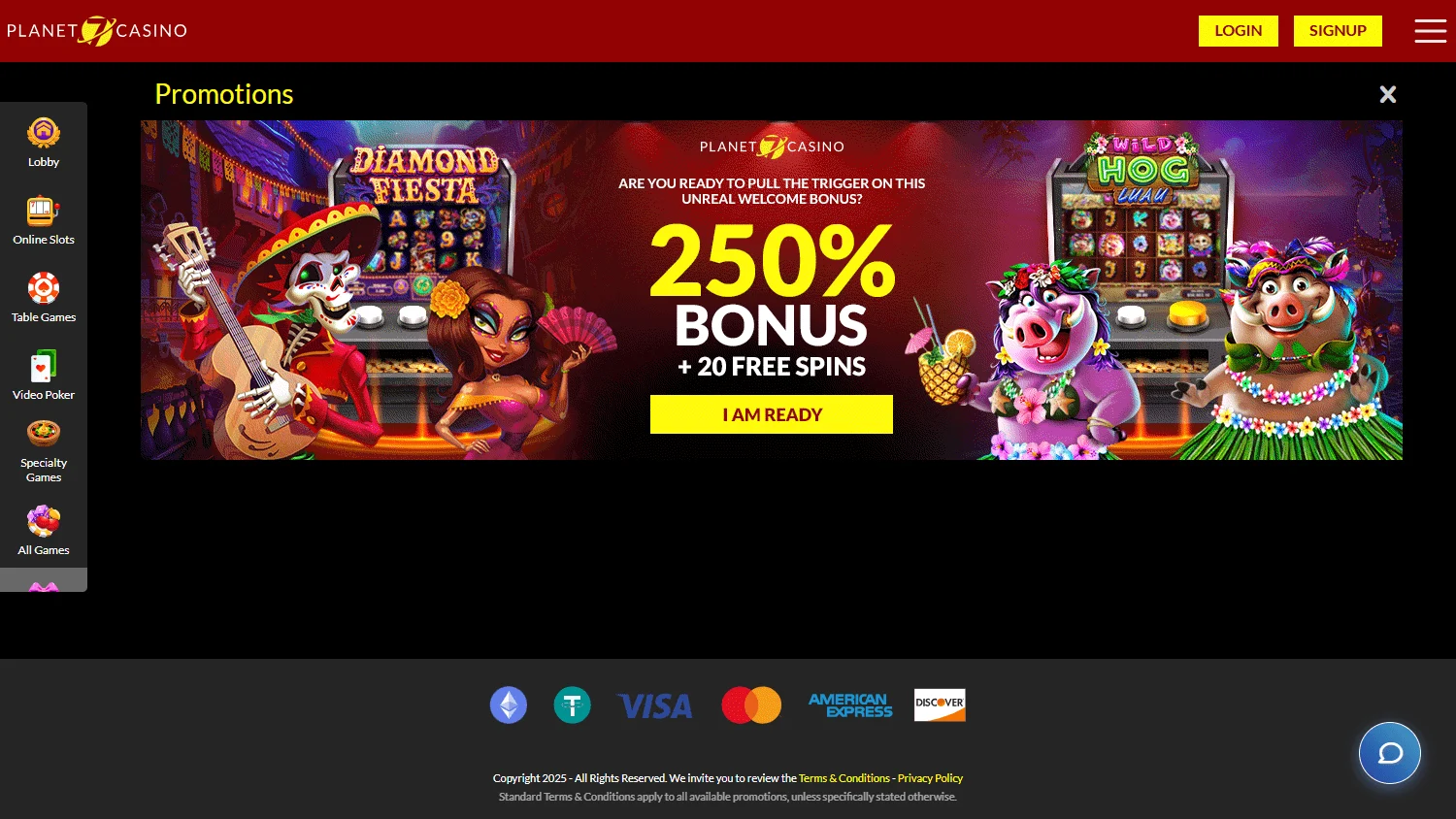 Planet 7 Casino desktop promotions area with welcome and loyalty offers