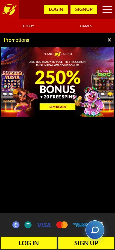 Planet 7 Casino mobile browser promotions area