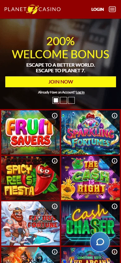 Planet 7 Casino mobile browser home screen